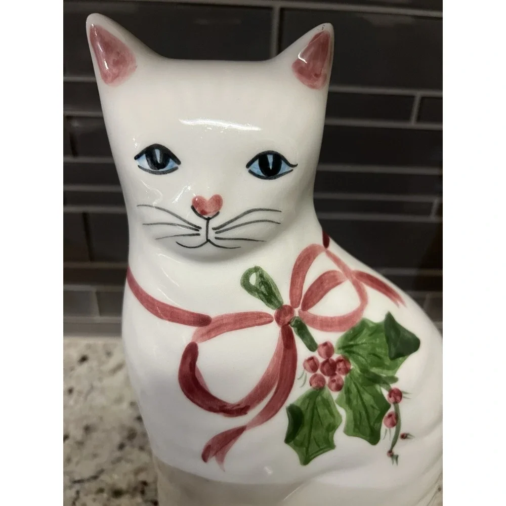 Vintage Porcelain Christmas CAT N.S. Gustin Co Hand Painted‎ USA Holly Pink 10